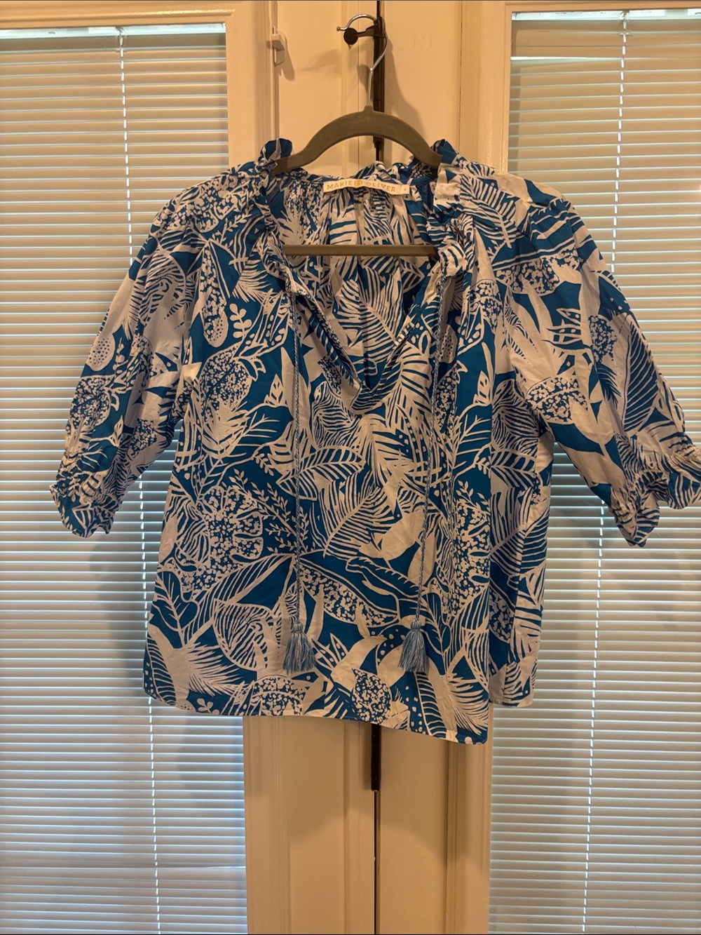 Marie Oliver Blue and White Tropical Print Blouse